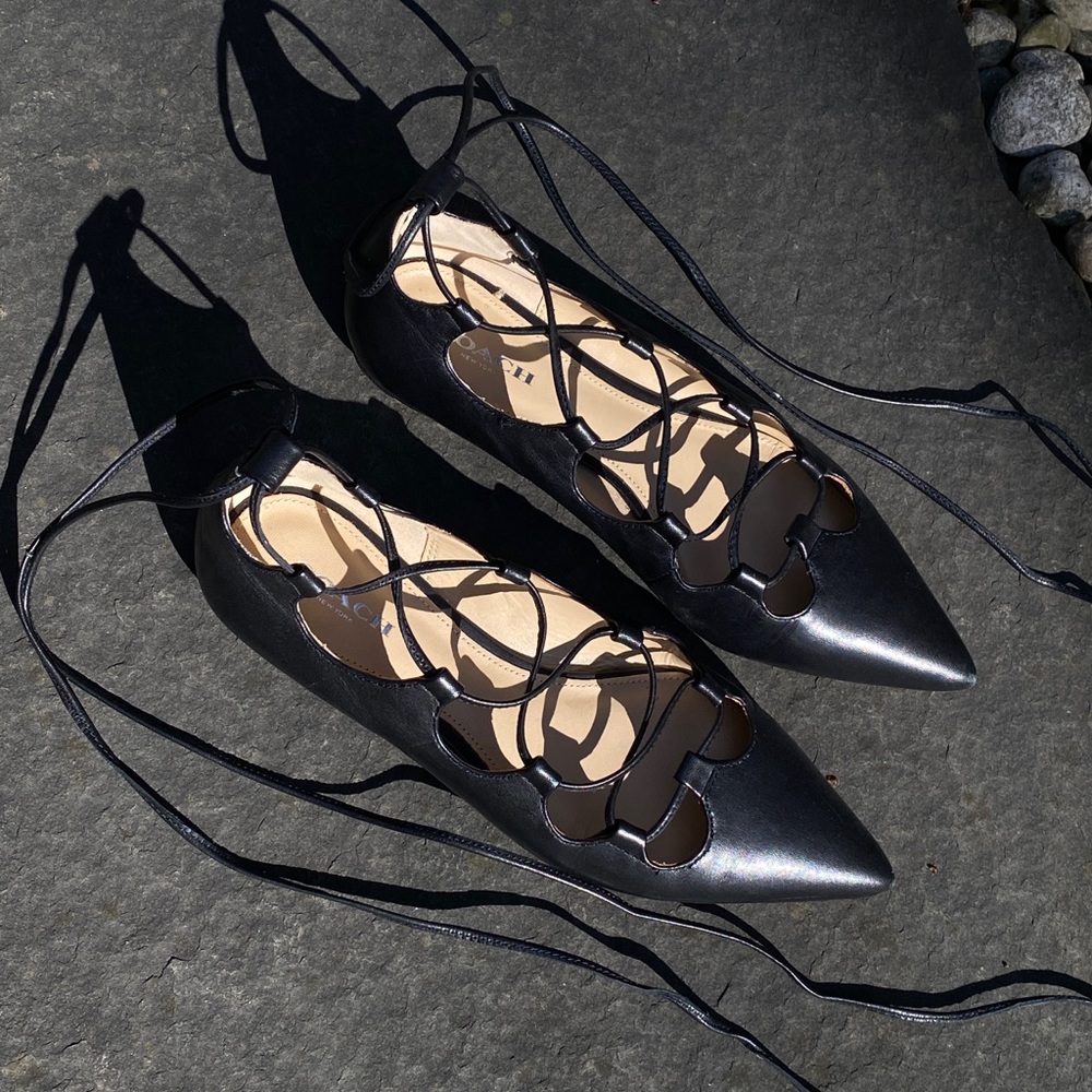 Coach leather pointed toe lace up flats. Size 7